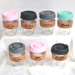 Personalised Glass Coffee Cup with Cork Wood Band Sleeve