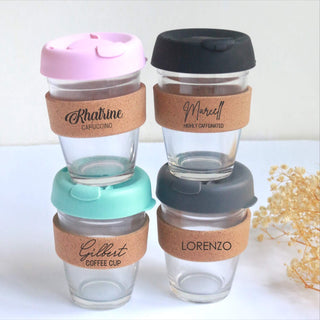 Personalised Glass Coffee Cup with Cork Wood Band Sleeve