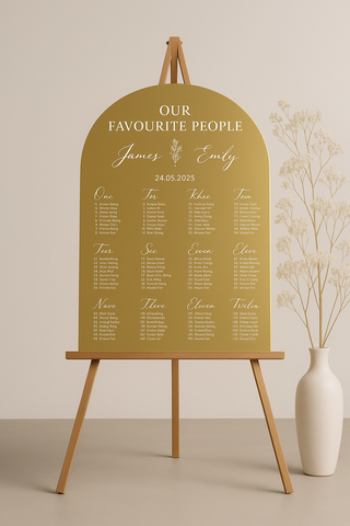 Custom Acrylic Seating Chart – Minimal Arch with Floral & Script Details