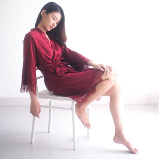 Premium Lace Satin Bridal Robe - Maroon