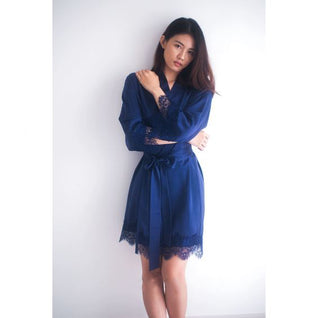 Premium Lace Satin Bridal Robe - Navy