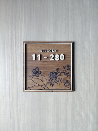 Home Unit Number 3D Square Flower Engraved Dark Wood Signage
