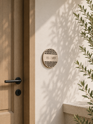 Home Unit Number 3D Round Rattan Light Wood Signage