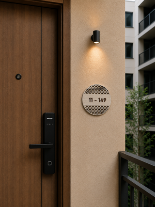 Home Unit Number 3D Round Rattan Light Wood Signage