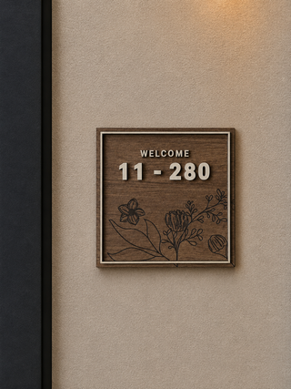 Home Unit Number 3D Square Flower Engraved Dark Wood Signage