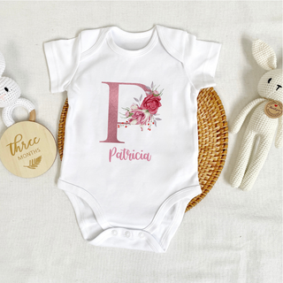 Customised Baby Bodysuit- Pink Flower Alphabet