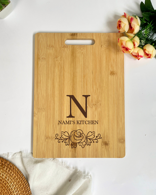 Customised Engraved Wooden Chopping Board - Flower Rose Initial