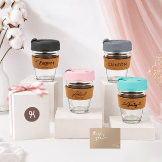Personalised Glass Coffee Cup with Cork Wood Band Sleeve