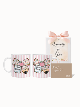 Customised Wrapped Teacher's Day Mug- Cute Pink Ribbon Pencil
