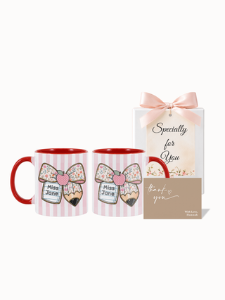 Customised Wrapped Teacher's Day Mug- Cute Pink Ribbon Pencil