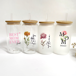 Customised Libbey Custom Glass Cup with straw for Mother's Day