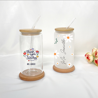 Customised Libbey Custom Glass Cup with straw for Teacher's Day
