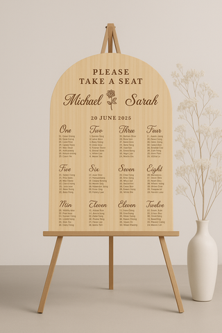 Custom Acrylic Seating Chart – Minimal Arch with Floral & Script Details