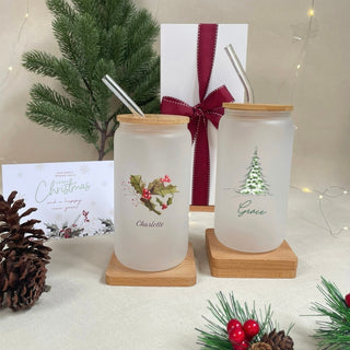 Customised Christmas Xmas Libbey Glass Cup Wooden Lid with Glass Straw