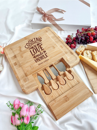 Customised Engraved Wooden Cheese Board - Cooking is love